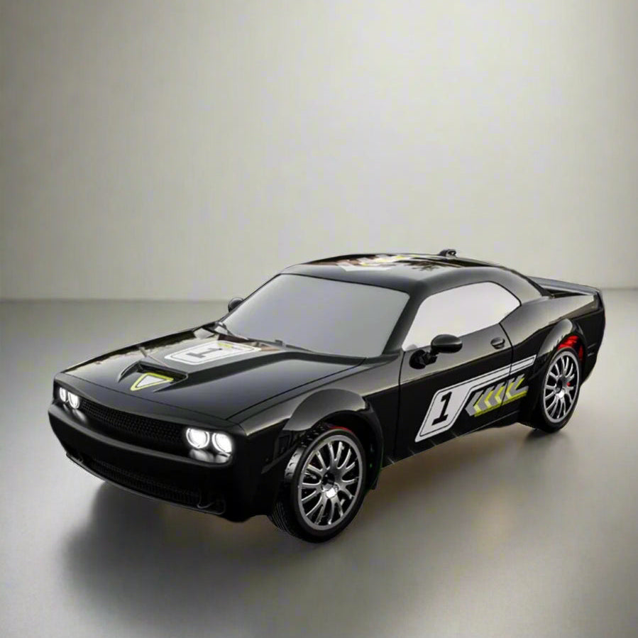 Black drift car model with product parameters on a dark background